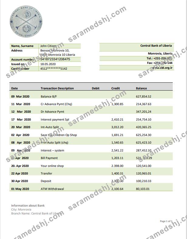 Liberia Central Bank of Liberia bank statement template in Word and PDF format